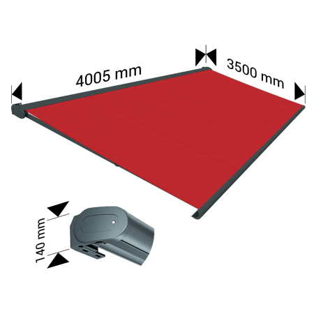 Store banne Coffre intégral PROTECT 2 LED Gris Anthracite 4,05x3,50m Motorisé à télécommande + Eclairage LED - Toile Rouge OMBRA