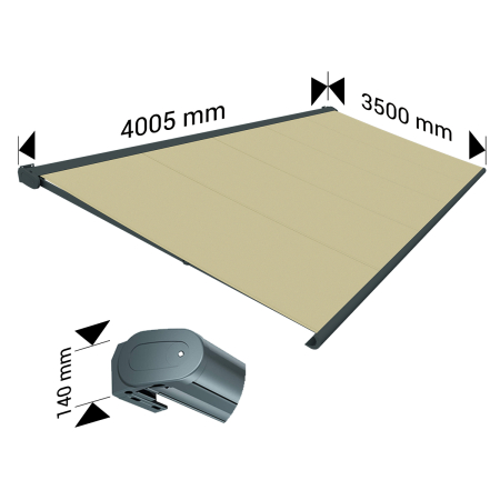 Store banne Coffre intégral PROTECT 2 LED Gris Anthracite 4,05x3,50m Motorisé à télécommande + Eclairage LED - Toile Ecrue OMBRA