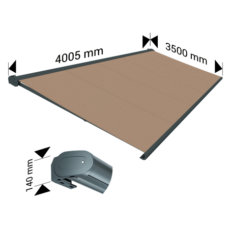 Store banne Coffre intégral PROTECT 2 LED Gris Anthracite 4,05x3,50m Motorisé à télécommande + Eclairage LED - Toile Taupe OMBRA