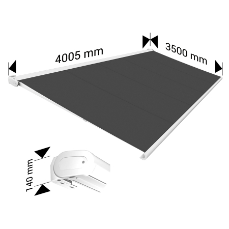 Store banne Coffre intégral PROTECT 2 LED Blanc 4,05x3,50m Motorisé à télécommande + Eclairage LED - Toile Grise Anthracite OMBR