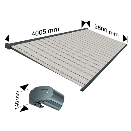 Store banne Coffre intégral PROTECT 2 SMART Gris Anthracite 4,05x3,50m Motorisé à télécommande + Capteur Vent - Toile Grise Rayé